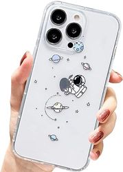 För iPhone 12 Pro-fodral, transparent fodral med astronautplanet stjärnmönster, mobilskal, transparent, smal, mjuk silikon, stötsäker, med sött mönster (genomskinlig)