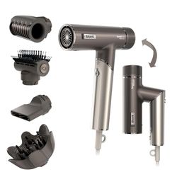 Shark SpeedStyle Pro FLEX Secador de pelo de alto rendimiento y velocidad con 4 accesorios, ligero, iónico, sin daño por calor, mango plegable, apto para todo tipo de cabello, plateado moca, HD542EU
