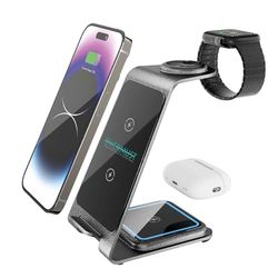 OVERMUST - Chargeur Wireless 3 en 1 | Recharge Simultanée iPhone Samsung AirPods Apple Watch | Design Compact Aluminium | Sécurité et Ventilation Optimale, Gris, Métal