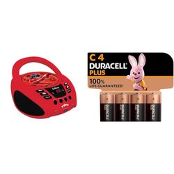 LEXIBOOK-MiraculousLecteurCD,PriseMicro,EntréeLine-in,PileouSecteur,Rouge/Noir,RCD108MI + Piles C Duracell Plus (Lot de 4) - Alcalines 1,5V - Durée de Vie Garantie à 100% - Idéales pour Les appareils