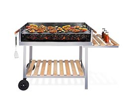 BBQ Collection Barbacoa de Carbón - Carrito con Mesa Lateral - Parrilla sobre Ruedas - Acero Inoxidable - 2 Parrillas - 98 x 56 x 85 CM