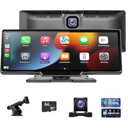 Wireless Android Carplay Screen, 10.26-Inch Car Stereo Audio Receiver Bluetooth with 4K Front Dash Cam,1080p Backup Camera, for Apple Carplay with 64G TF/FM/Siri/G-oogle/Mirror Link/Bluetooth 5.0/AUX