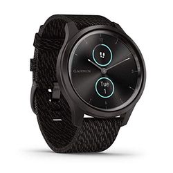 Garmin Vivomove Style Hybrid Smartwatch with Real Watch Hands and Hidden Colour Touchscreen Display, Black Pepper Nylon with Slate Hardware (Renewed)