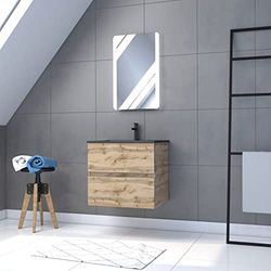 AURLANE Meuble Salle de Bain 60x54 - Finition Chene Naturel + Vasque Noire + Miroir LED - Timber 60 - Pack08