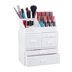 Relaxdays Make-up organizer met 21 vakken, cosmetica-tower voor lippenstift, nagellak, make-up, acryl make-up box, wit