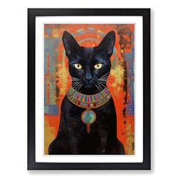 Egyptian Cat Impressionism Framed Wall Art Print, Ready to Hang Picture for Living Room Bedroom Home Office, Black A2 (48 x 66 cm)