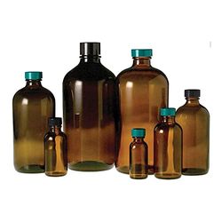 Qorpak GLC-02002 Boston Round Bottle with 33-400 Green Thermoset F217 and PTFE Lined Cap, Attached Vacuum and Ionized, 32 oz, Amber (Pack of 30)