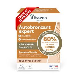 Vitavea bien-être - Autobronzant Expert - Hâle Doré et Effet Bonne Mine - Teint lumineux Sans Soleil - Complément Alimentaire avec Bêta-Carotène, Zinc, Vitamines C, E, B5, D - 40 Gélules - 40 Jours