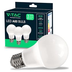 V-TAC Lampadina LED con Attacco E27 8,5W (Equivalenti a 60W) A60 806 Lumen - 4000K Luce Bianca Naturale (Box 3 pezzi)