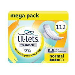 Lil-Lets Freshlock™ Ultra Thin Period Pads - 112 Count, Normal Absorbency, with Wings, 8 Packs of 14 Pads - Bulk Pack, Unscented, 100% Cotton Cover, Regular Absorbency Sanitary Towels