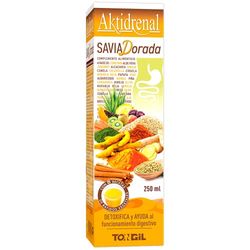 Tongil - Aktidrenal Savia Dorada 250ml - Cúrcuma, Hinojo, Canela, Chlorella, Aloe Vera, Frutas, Verduras, Enzimas, vitaminas y Minerales - Detoxifica y Favorece el Confort Digestivo - Apto Veganos