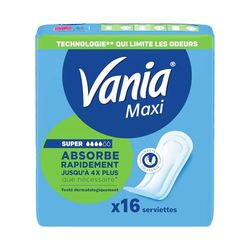 Vania Serviettes Hygiéniques Maxi Super (paquet de 16 pièces) – Serviettes à absorption rapide haute tolérance – Protection périodique avec forme anatomique et 4 barrières protectrices