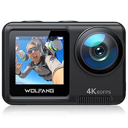 WOLFANG GA420 Cámara Deportiva Doble Pantalla 4K 60FPS 24MP, 10M Cuerpo/40M Impermeable, WiFi Webcam Videocámara Subacuática, Micrófono Dual, Control Remoto, EIS, 2x1350mAh Baterías,Accesorios