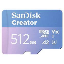 SanDisk Creator microSDXC UHS-I 512GB + SD adapter (For Smartphones, Camera's and Drones, 5,3K & 4K, A2, C10, V30, U3, Speeds up to 190 MB/s, 3 months Adobe Lightroom included)