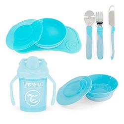 Twistshake Babyservis Set - 4 Delar | 1x Baby Bordstablett - 1 Baby Tallrik - 1 Baby Skål - 3 Bestick i Rostfritt Stål - 1 Drickskopp | 6 Månader+ Babymiddagsset | Porslin för Avvänjning | Ljusblå