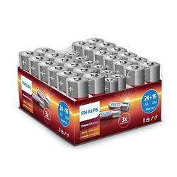 Philips Confezione Convenienza Batterie 40 Pezzi - 24x Batterie AA e 16x Batterie AAA - Batteria Alcaline Potenti con Lunga Durata - per Telecomando, Radio e Altro