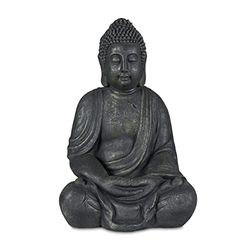 Relaxdays Statua del Buddha Seduto, Figura da Giardino Alta 70 cm, Resistente alle Intemperie e Gelo, Poliresina, Grigio