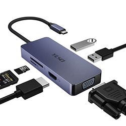 YLSCI USB C-hub, 6-i-1 USB-C-adapter, med 1 x HDMI-port, 1 x VGA-port, 2 x USB-portar, SD/TF-kortläsare, perfekt för bärbar dator, smartphone, surfplatta, XPS och andra USB-C-enheter