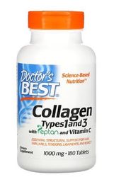 Doctor's Best Collagène Types 1 et 3 avec Vitamine C, 1000mg - 180 Comprimés | Soutien pour la Peau et les Articulations | Qualité Supérieure