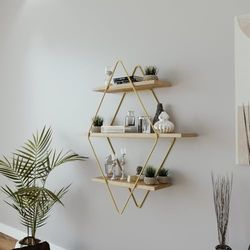 Hanah Home Stylowa półka ścienna, złota i dębowa, 60 x 70 x 14 cm, 100% pokryta melaminą, grubość 18 mm, wytrzymałe metalowe nogi powlekane elektrostatycznie, nowoczesne wzornictwo