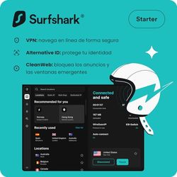 Surfshark Starter | VPN, Alternative ID, CleanWeb | Windows/Mac/Linux/Androis/iOS | Starter | 6 Meses | Código de activación enviado por email
