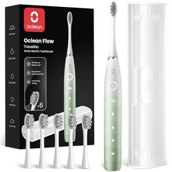 Oclean Flow TravelGo Brosse à dents électrique, 5 Modes avec Sensitive, Brosse à Dents Électrique Sonique, 180 Jours Autonomie, Minuterie & Rappel 30s, 3 Brossettes & Étui Voyage - Vert Sapin Set
