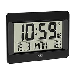 TFA Dostmann zendergestuurde wandklok met binnentemperatuur, 60.4519.01, alarm met snooze functie, datum + weekdag (8 talen), om op te hangen of neer te zetten, zwart, (L)215 x (B)26 (68) x (H)160 mm