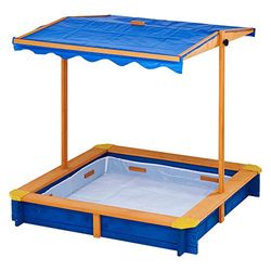 Teamson Kids Wooden Sand Pit con Coperchio, Grande Scatola di Sabbia all'aperto con Copertura a baldacchino rotabile per Giardino Esterno, Altezza Regolabile, Sabbia per Bambini