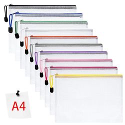 Vicloon Plastic opberghoezen, 10 A4-hoezen met ritssluiting, gaasstoffen documenten-mappen, plastic ritshoezen bestandenportefeuille voor school, kantoor, huiswerk of voor op reis, met gekleurde rist