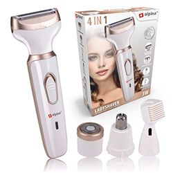 alpina Rasoio da donna – Rasoio multifunzione per donne – Rasoio corpo e viso – Trimmer con tagliasopracciglia – Rasoio elettrico da donna con batteria USB – Bianco/Oro