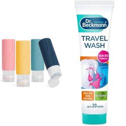 Alyvisun 4 Pack Silicone Travel Bottles for Toiletries, [Refillable & Leak-proof] Travel Containers & Dr. Beckmann Travel Wash | Clean laundry ON THE GO | up to 20 washes | 100ml