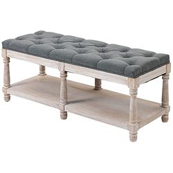 HOMCOM 2-Tier Bed End Bench, Vintage Stool, Wooden Window Seat with Storage Shelf, Button Tufted Upholstered Footstool for Living Room, Bedroom, Entryway, Grey
