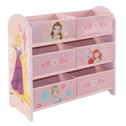 Disney Princess Meuble de rangement pour jouets, 6 boîtes de rangement pour chambre à coucher – Fabriqué en bois/tissu/métal – Assemblage et nettoyage faciles