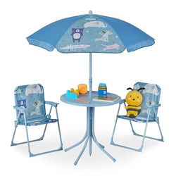 Relaxdays, Salon de Jardin pour l'enfant, Table, chaises, Parasol, Design Animalier, pour la Plage ou Le Camping, Bleu