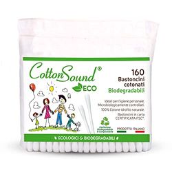 COTTON SOUND Eco-tas met katoenen sticks, 1 pak x 160 stuks, milieuvriendelijke en biologisch afbreekbare wattenstaafjes, 100% puur hydrofiel katoen, composteerbare zak, gemaakt in Italië