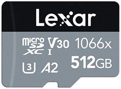 Lexar Professional 1066x 512GB Micro SD Kaart, microSDXC UHS-I Geheugenkaart met SD-adapter uit de SILVER-serie, tot 160 MB/s Lezen, voor action camera, drone, smartphone, tablet (LMS1066512G-BNAAG)