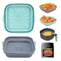 Alyvisun Teglie per Friggitrice ad Aria, 2 Pezzi Teglia in Silicone per Air Fryer Contenitori Cestello Riutilizzabile Quadrato Tappetino Stampi Per Airfryer, Microonde, Forno (Azzurro Chiaro+Grigio)