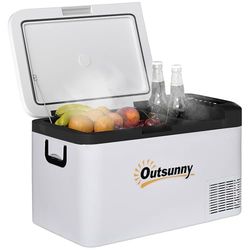 Outsunny 12V Car Refrigerator w/LED Light & Foldable Handles, 25L Portable Compressor Cooler, Fridge Freezer with 12/24V DC and 110-240V AC for Campervan RV Boat Travel