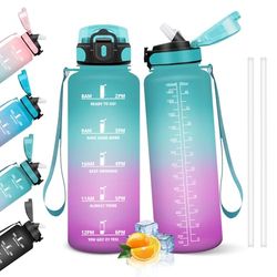 HoneyHolly Botella Agua, 1.5L Botella Agua Gimnasio con Pajita, Botella de Agua, con Marcador de Tiempo, Botella de Agua Deportiva, Prueba de Fugas, Cantimplora para Escuela, Senderismo, Fitness