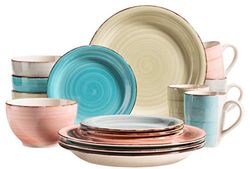 MÄSER 931604 Bel Tempo II Service de table vintage 16 pièces en céramique peinte à la main pour 4 personnes Vert/rose/turquoise/bleu fumé