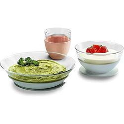 BÉABA & Duralex - Set med matningsmåltider - Set med 3 delar: tallrik + skål + kopp - med sugdyna i silikon - ergonomisk, anpassningsbar, säker - baby och barn - tillverkad i Frankrike - eukalyptus
