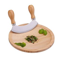 Relaxdays Coltello a Dondolo con Tagliere, per Erbe Aromatiche Bordo Rialzato, Acciaio Inox & Bambù, HxD 2x20, Naturale