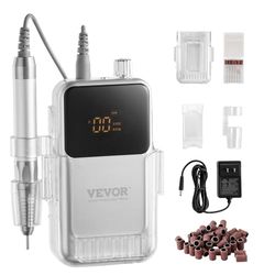 VEVOR Taladro de Uñas Eléctrico Inalámbrico con Motor sin Escobillas de Alto Par 35000 RPM, Máquina de Lima de Uñas Recargable con 6 Puntas y 50 Piezas de Banda de Lijado,155 x 75 x 31 mm, Plata