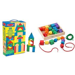 Melissa & Doug- Bloques de Madera 100 Piezas (10481) + - Cuentas primarias para Atar (10544)