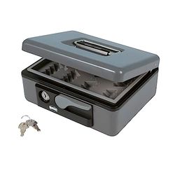 Amig - Safety Cash Box Made of Alloy Steel, 197 x 154 x 80 mm, with Coin Tray and Automatic Handle, Security Cylinder and 2 Keys, Grey