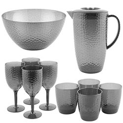 Cambridge COMBO-8597 Party Serving Set With Jug, Tumblers, Wine Glasses, and Bowl, Diamond Design, 10 Piece Set, BPA Free Plastic Cups for Outdoor Use, Garden, Holiday Homes & Camping/Caravans, Grey