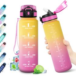 Borraccia 1L, Borraccia con Cannuccia, Bottiglia Acqua Riutilizzabile, Borraccia con Marcatori Temporali, Borraccia senza BPA, A Prova di Perdite, Borraccia Acqua per Fitness, Scuola, Ufficio