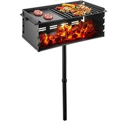 VEVOR Outdoor Park Style Grill 24 x 16 Inch Park Style Charcoal Grill Carbon Steel Park Style BBQ Grill Adjustable Park Charcoal Grill with Stainless Steel Grate Outdoor Park Grill, In-ground Pillar