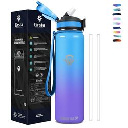 Grsta Borraccia Termica, Borraccia 1 litro, Borraccia con Cannuccia Senza BPA, Isolato Sottovuoto, Borraccia Palestra Senza Perdite, Borraccia Termica Acciaio Inox per Sport, Campeggio, Ciclismo