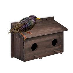 Relaxdays Budka lęgowa na szpaki, naturalne drewno jodłowe, 2 x otwór wlotowy 5 cm, drążek do siedzenia, domek dla ptaków do zawieszenia, brązowy, 1 sztuka